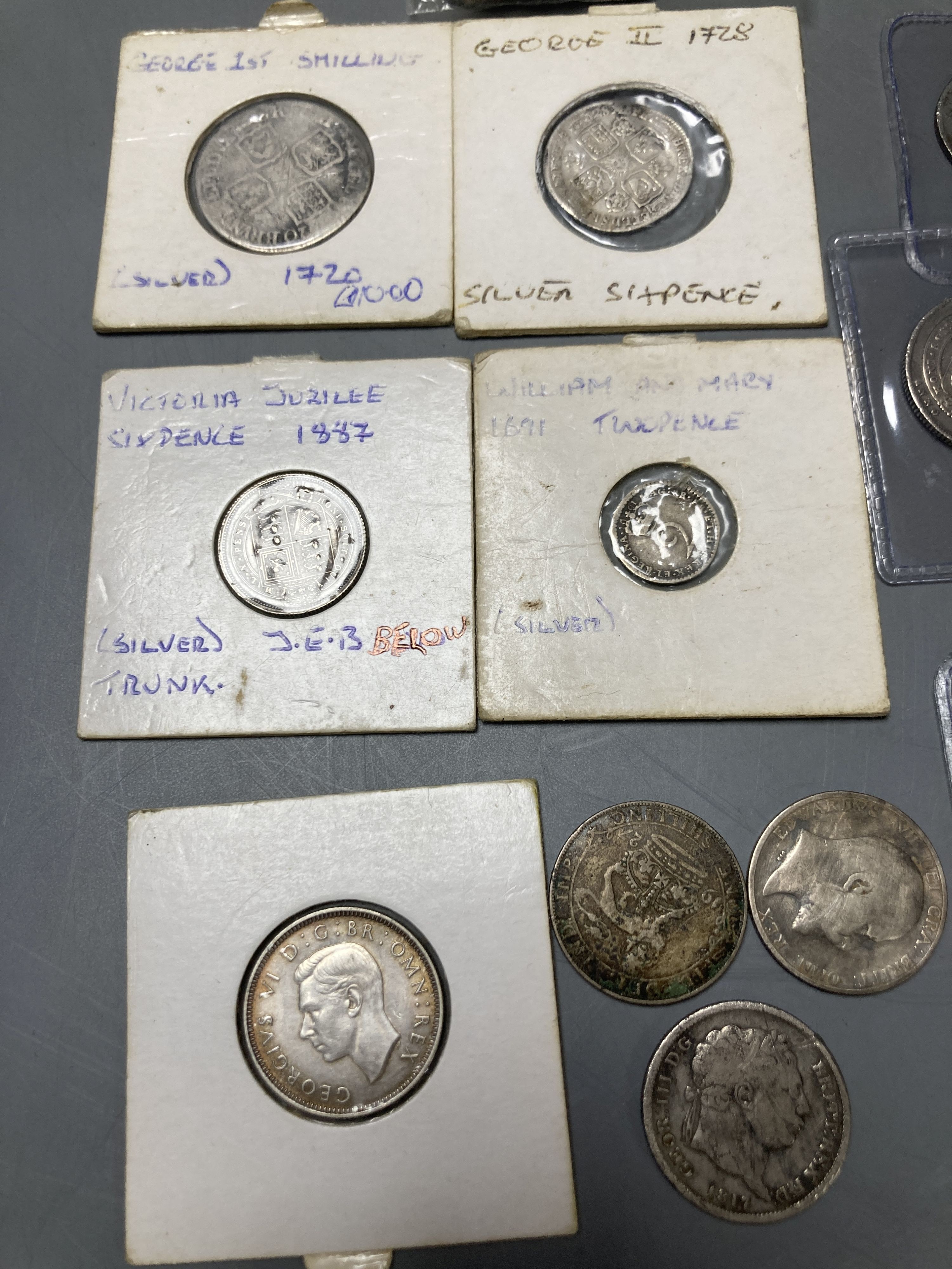 17th-20th century UK silver coins - To include a William and Mary twopence 1691 George I shilling 1720, George II sixpence 1728 etc.